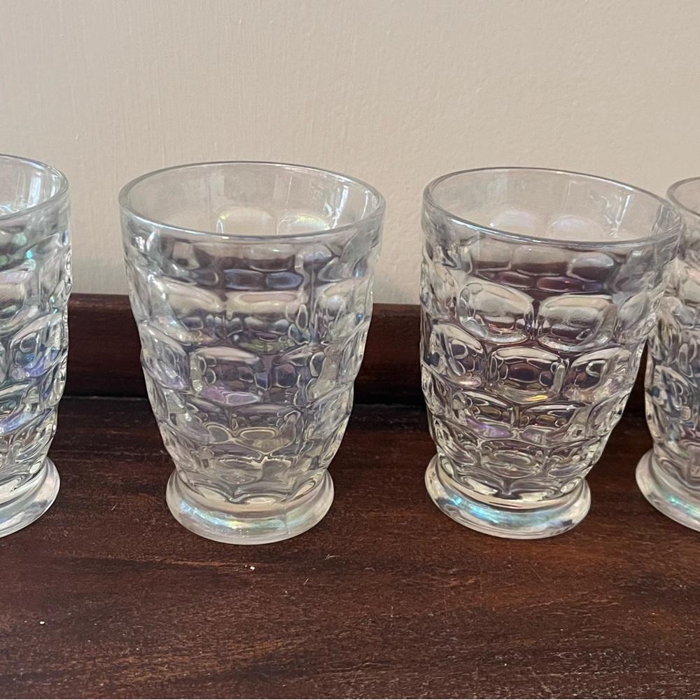 4 Small Vintage Federal Glass Yorktown Iridescent Tumblers Honeycomb Pattern